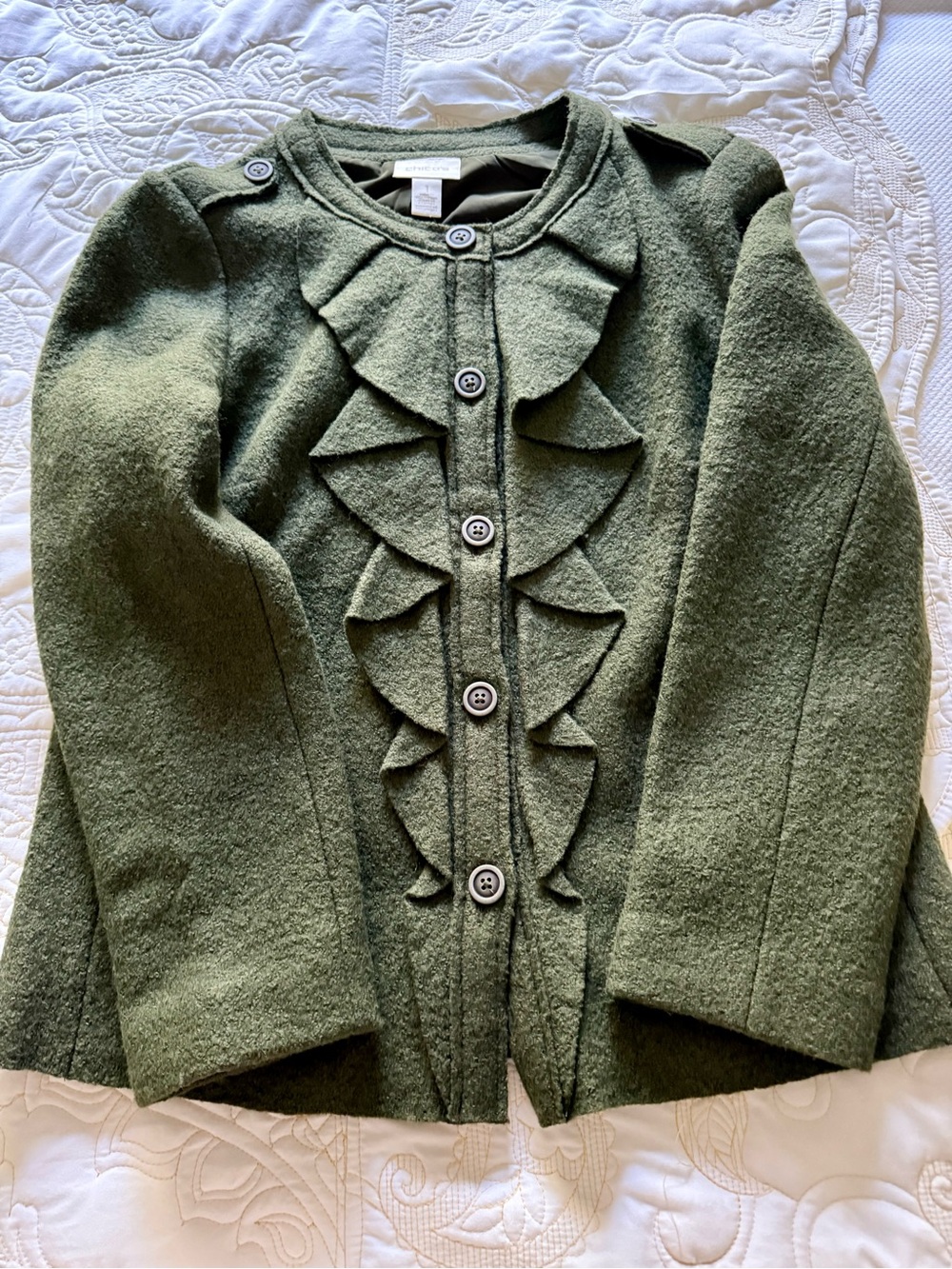 Chico’s Wool Olive Green Ruffle Front Coat